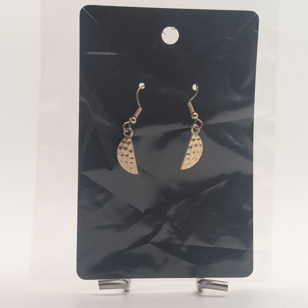 Gold Tone Hammered Crescent Dangle Earrings – Lightweight Boho Drop Jewelry